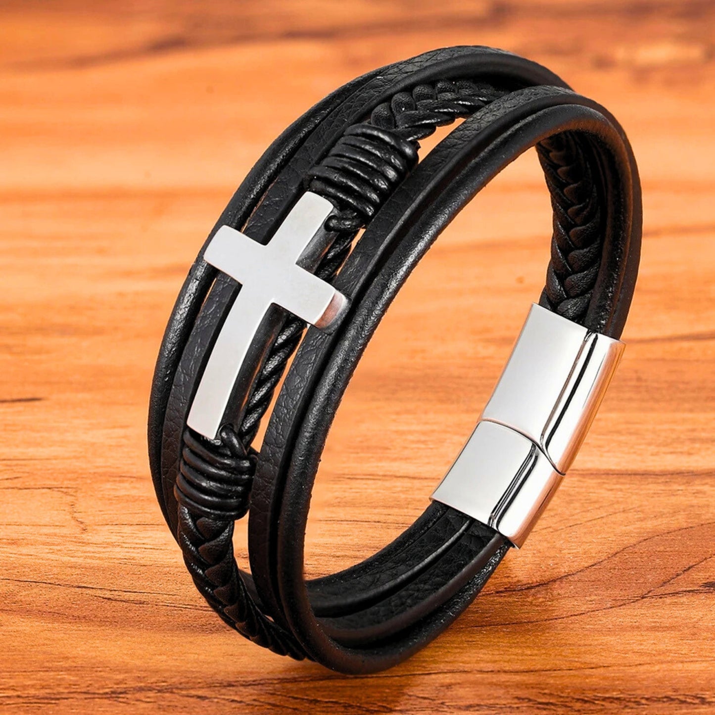 Men’s Woven Leather Cross Bracelet