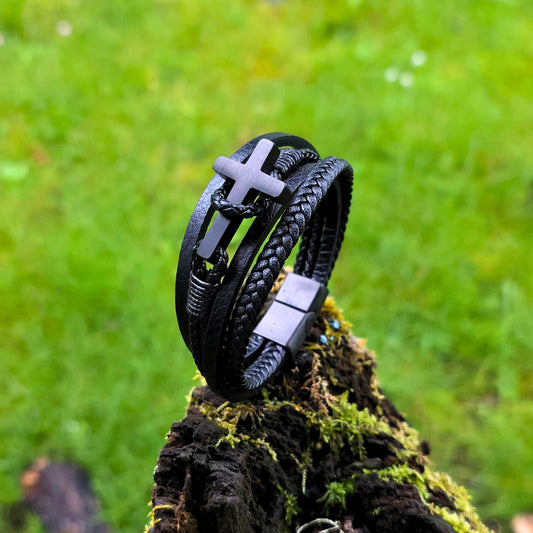 Men’s Braided Leather Cross Bracelet